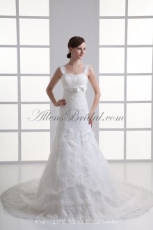 Satin and Net Straps Neckline A-line Sweep Train Embroidered Wedding Dress