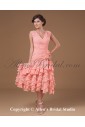 Yarn V-Neck Tea length Column Mother Of The Bride Dress with Ruffle