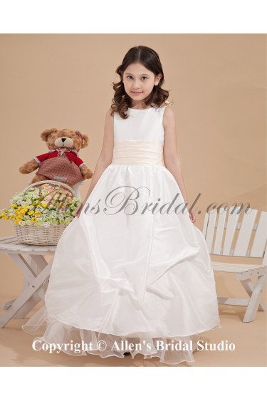 Satin and Yarn Bateau Neckline Ankle-Length Ball Gown Flower Girl Dress with Bow and Flowers