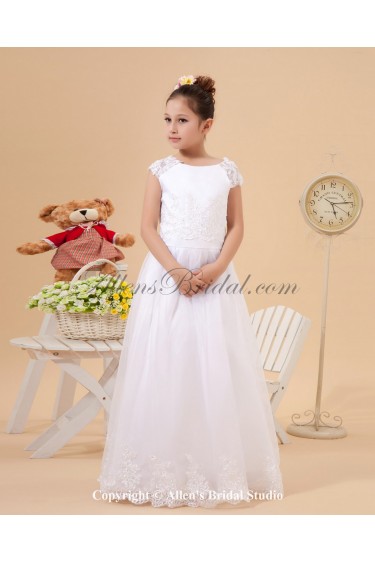 Satin and Lace Jewel Neckline Floor Length A-Line Flower Girl Dress