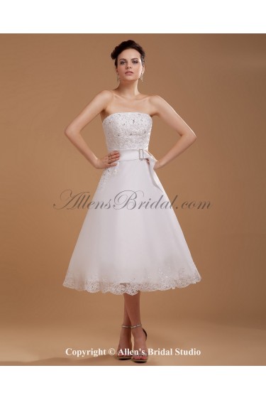Satin and Yarn Strapless Tea-Length A-line Wedding Dress with Embroidered 
