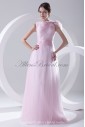 Satin and Net Bateau Neckline A-line Floor-Length Embroidered Prom Dress