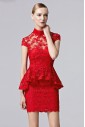 Short Sleeve Hollow Out Lace High Neck Mini / Short Sheath / Column Cocktail Party Dress