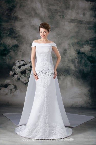 Satin Off-the-Shoulder Cathedral Train Sheath Embroidered Wedding Dress