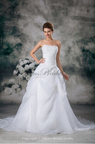 Organza Strapless Chapel Train Ball Gown Embroidered Wedding Dress