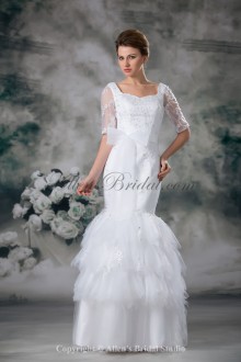 Net and Lace Square Neckline Floor Length Mermaid Half-Sleeves Wedding Dress