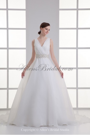 Organza V-Neckline Ball Gown Sweep Train Sash Wedding Dress