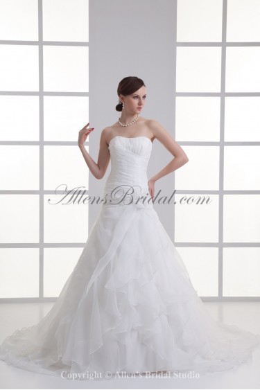 Organza Strapless Neckline Ball Gown Sweep Train Flower Wedding Dress