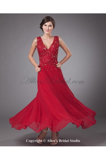 Chiffon V-Neck Ankle-length A-line Mother Of The Bride Dress with Embroidered