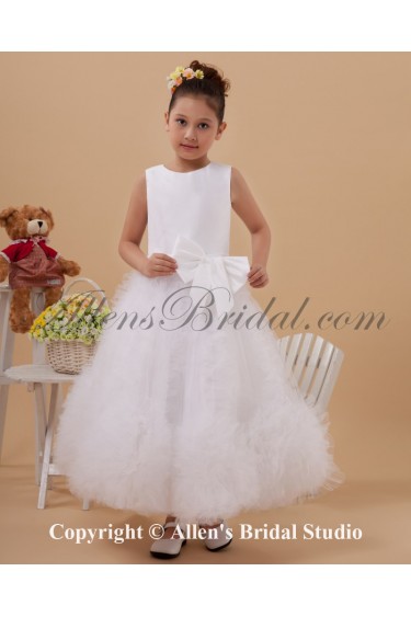 Satin and Tulle Jewel Neckline Ankle-Length A-line Flower Girl Dress with Bow