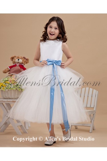 Yarn and Satin Jewel Neckline Tea-Length Ball Gown Flower Girl Dress with Beading