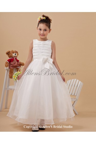 Yarn Jewel Neckline Ankle-Length Ball Gown Flower Girl Dress with Bow