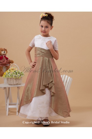 Taffeta and Organza Jewel Neckline Ankle-Length A-Line Flower Girl Dress with Short Sleeves