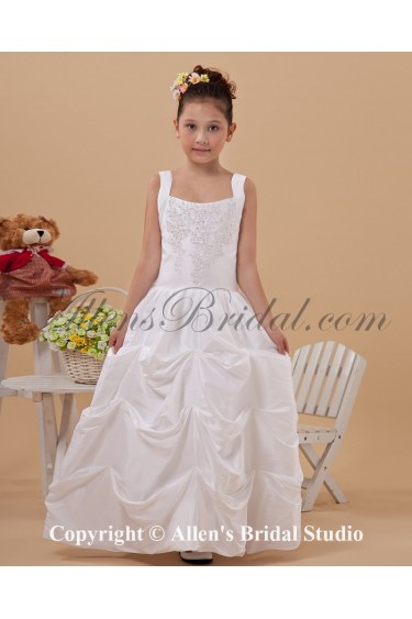 Taffeta Square Neckline Floor Length Ball Gown Flower Girl Dress with Embroidered
