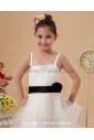 Satin and Mesh Straps Neckline Tea-Length A-line Flower Girl Dress with Hand-made Flower