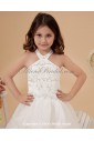 Satin and Organza Halter Neckline Floor Length A-Line Flower Girl Dress with Embroidered and Ruffle