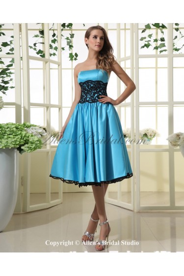 Taffeta and Lace Strapless Knee-Length A-Line Bridesmaid Dress with Ruffle