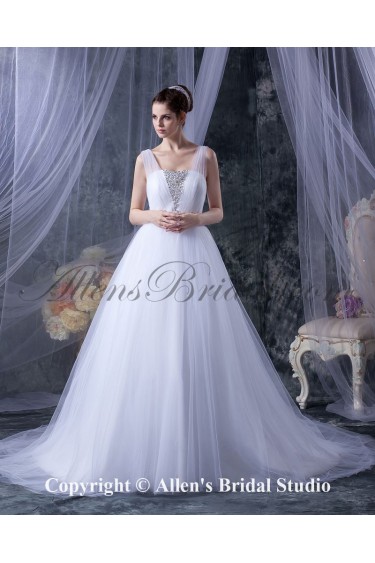 Tulle Square Neckline Chapel Train A-Line Wedding Dress with Sequins