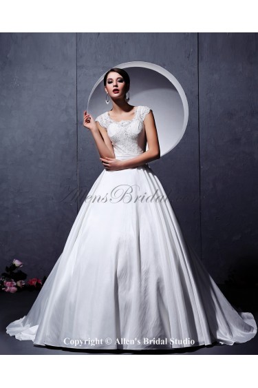 Satin and Lace Square Neckline Chapel Train Ball Gown Wedding Dress with Embroidered