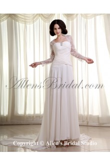 Chiffon Lace Square Neckline Cathedral Train Column Wedding Dress with Three-quarter Sleeves