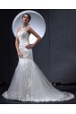 Lace and Satin Round Neckline Chapel Train Mermaid Wedding Dress with Embroidered