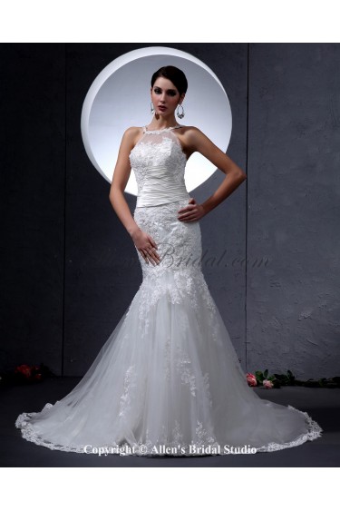 Lace and Satin Jewel Neckline Chapel Train Mermaid Wedding Dress with Embroidered