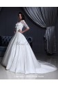 Satin and Lace V-Neck Chapel Train Ball Gown Wedding Dress with Embroidered and Half-Sleeves