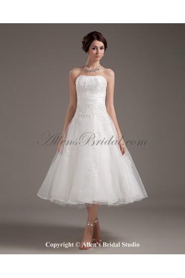 Satin and Yarn Strapless Tea-Length A-line Wedding Dress with Embroidered