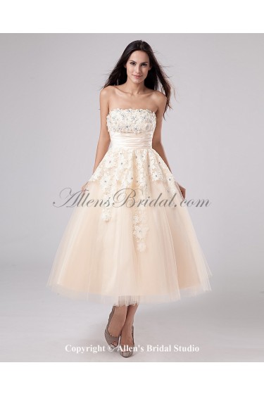 Satin and Net Strapless Tea-Length Ball Gown Wedding Dress