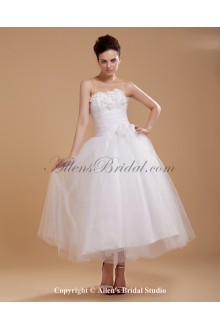Yarn and Satin Strapless Tea-Length A-line Wedding Dress with Embroideredd