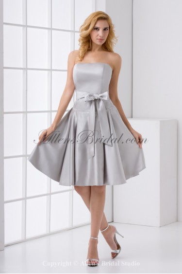 Satin Strapless A-Line Knee Lnegth Sash and Bow Cocktail Dress