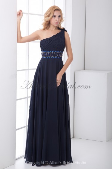 Chiffon One-Shoulder Floor Length A-line Prom Dress with Crystals
