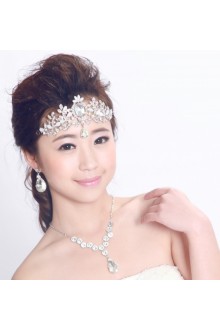 Gorgeous Wedding Jewelry Set - Rhinestones and Pearls with Alloy Plated Earrings,Necklace and Headpiece