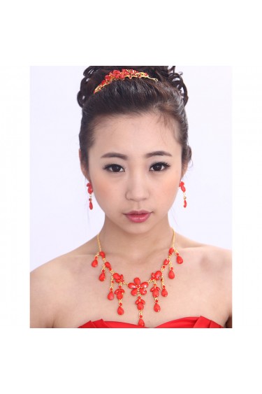 Plated Alloy  Wedding Jewelry Set with Red Rhinestones Earrings,Necklace and Headpiece