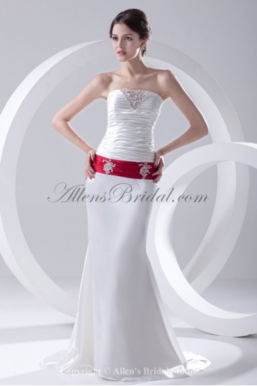 Satin Strapless Sheath Sweep Train Embroidered Prom Dress