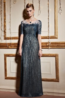 V-neck Floor-length Short Sleeve Sheath / Column Evening Dress with Embroidery
