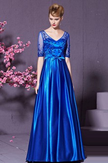 V-Neck Half Sleeve Evening / Prom Dress with Crystal Sash / Ribbon
