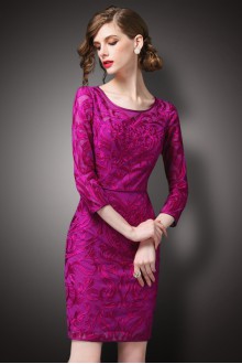 Sheath / Column Tulle Knee-length 3/4 Length Sleeve Scoop Embroidery Mother of the Bride Dress