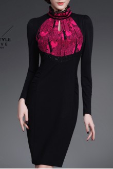 Sheath / Column Knee-length Long Sleeve High Neck Openwork Embroidery Mother of the Bride Dress