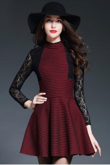 Hollow Out Lace Short / Mini Long Sleeve High Neck Lace Mother of the Bride Dress
