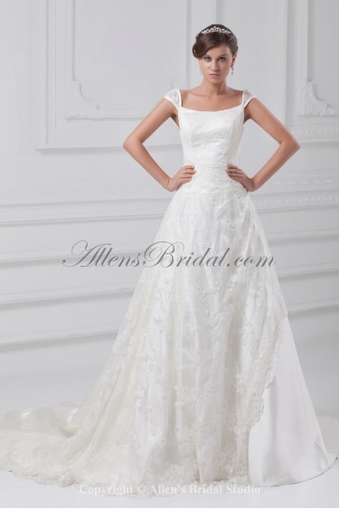 Satin and Lace Straps Chapel Train A-line Wedding Dress