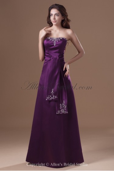 Satin Strapless Neckline Floor Length A-line Embroidered Prom Dress