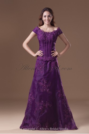 Organza Off-the-Shoulder Neckline Sweep Train A-line Embroidered Prom Dress
