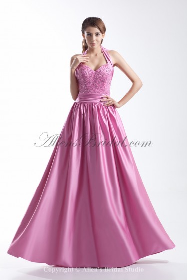 Satin Halter Neckline Floor Length A-Line Beading Prom Dress