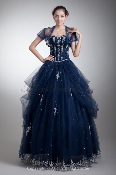 Satin and Net Sweetheart Neckline Floor Length Ball Gown Embroidered Prom Dress with Jacket