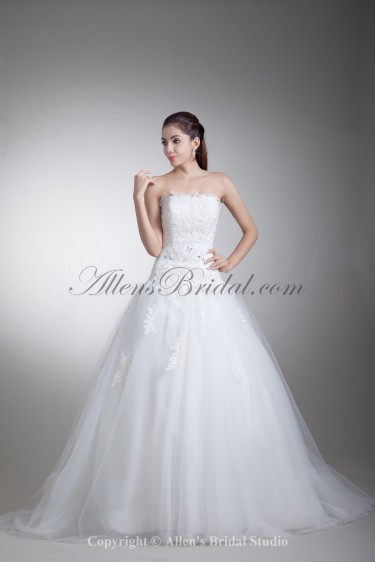 Satin and Net Strapless Neckline Sweep Train Ball Gown Embroidered Wedding Dress