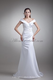 Satin Off-the-Shoulder Neckline Floor Length Sheath Wedding Dress