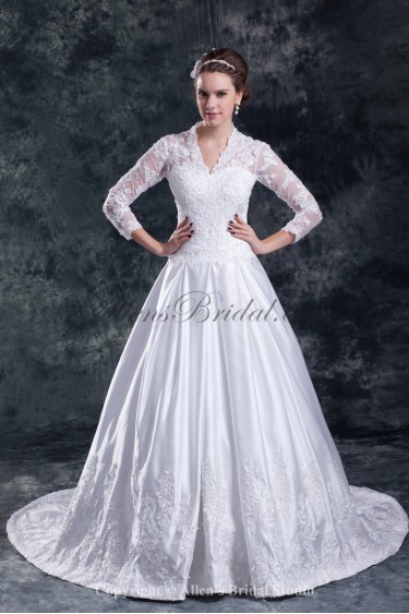 Satin and Lace Sweetheart Neckline Chapel Train Ball Gown Embroidered Wedding Dress with Jacket
