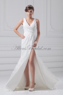 Lace V-Neck Neckline Floor Length Column Wedding Dress