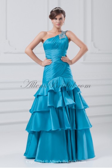 Taffeta Asymmetrical Neckline Floor Length A-Line Ruched Prom Dress